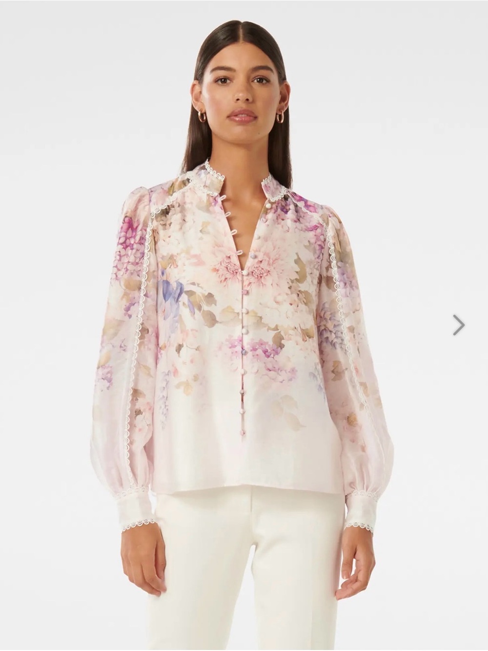 NWOT Ever New Pink Floral Chiffon Blouse with Lace Trim